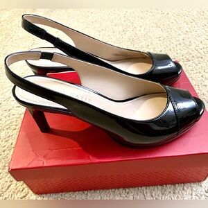 Kelly & Katie Black Patent Peep-Toe Slingback Heels